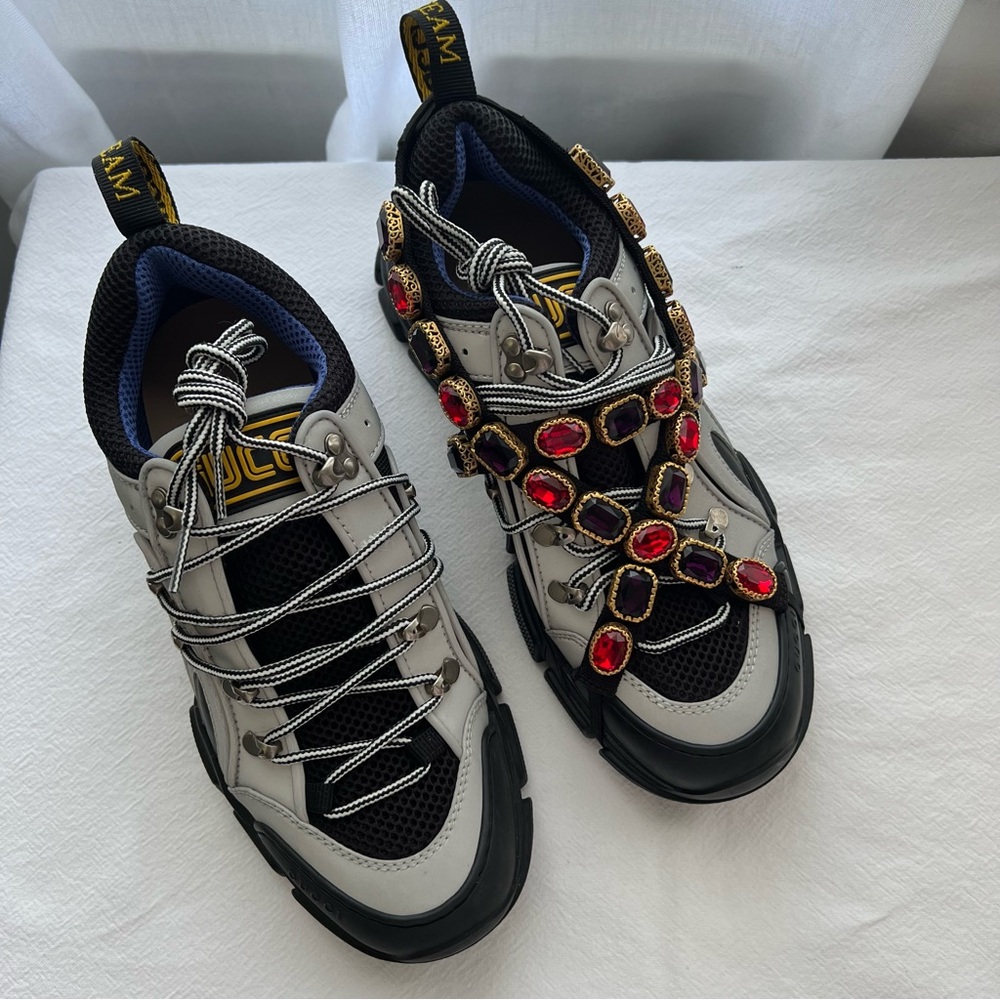Gucci Flashtrek Chunky Silver Sneakers with Removable Crystals Size 7 New